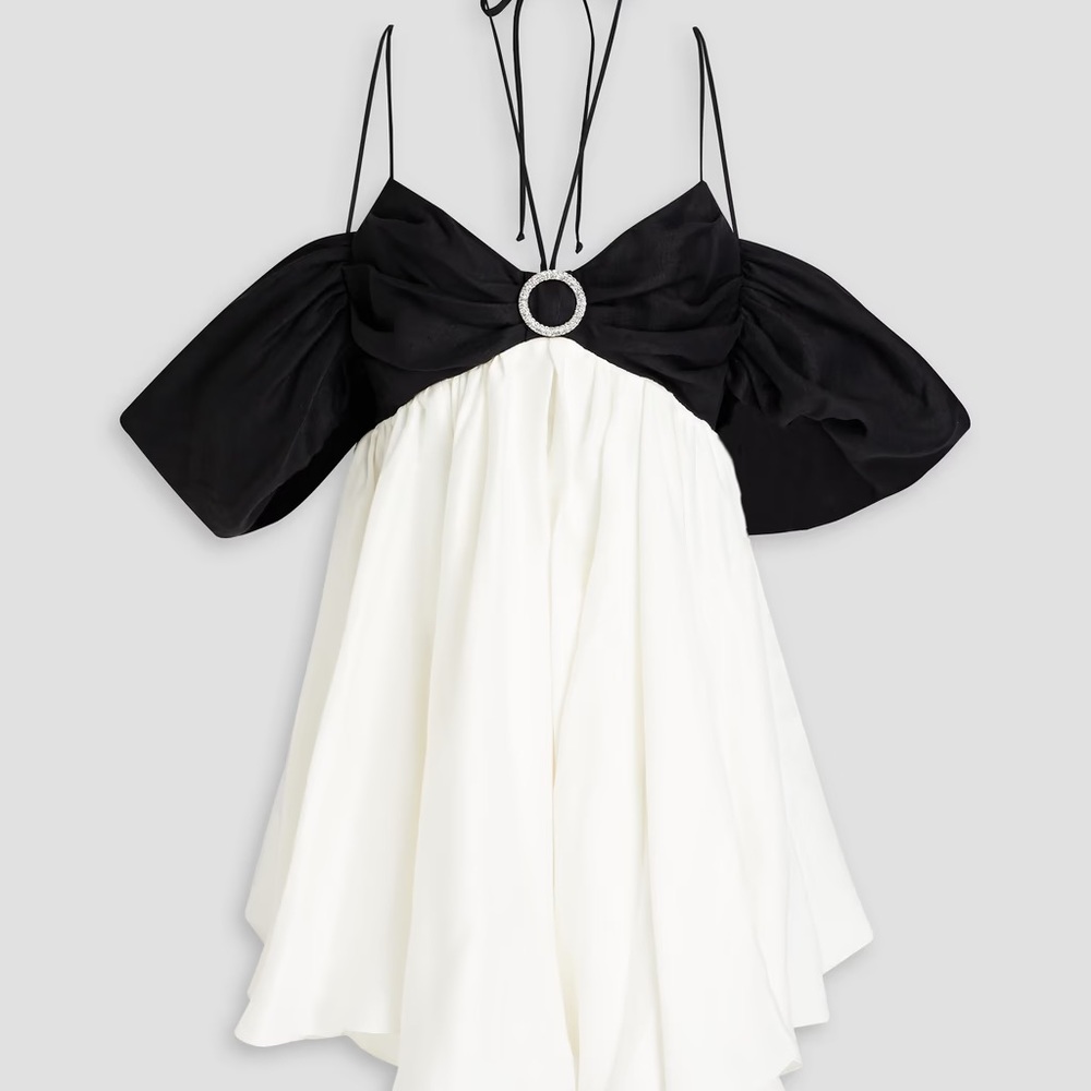 Rasario Buckled and draped linen mini dress with voluminous ruffle two-toned